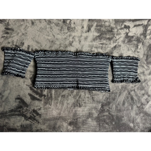 Tops - Black White Smocked Off The Shoulder Top with Arm Bands Size
